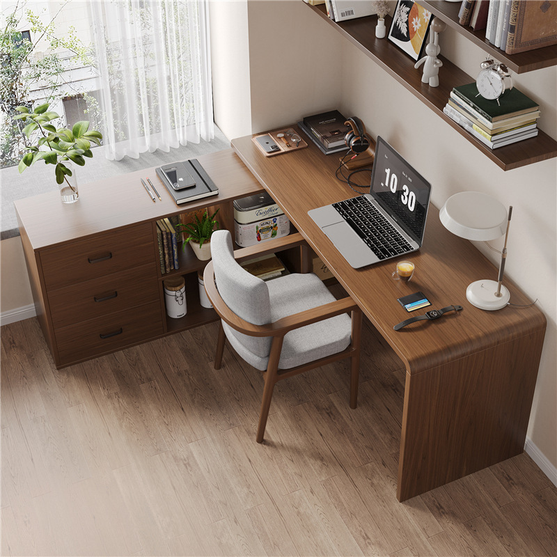 Nordic Household L-shaped Computer Desk Simple Office Desk Full Solid Wood Corner Desk Bookcase Integrated Half Encircled Table