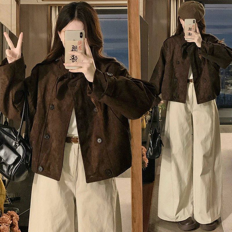 实拍咖色复古美拉德短外套女小个子秋新款韩版设计感今年流行夹克