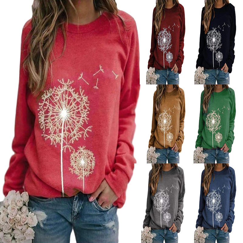 2024 Europe and the United States Amazon wish autumn and winter new women's dandelion printing round neck long sleeve loose casual sweater