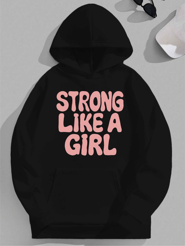 As Strong as a Woman's Hoodie - Black Casual Sleeve Knit Sweatshirt with Front Pocket and Geometric Print