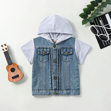 夏季男童单排扣连帽插肩短袖男宝宝牛仔外套厂家直销