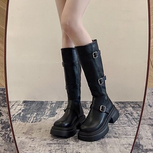Matched with a skirt, fashionable, knee-high boots, 2025 new style retro Martin boots, women's belt buckle, slimming long boots