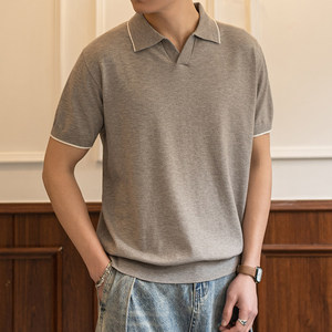 ZF8110-MW  复古拼色翻领OLO衫男夏季薄款休闲针织短袖T恤上衣图片