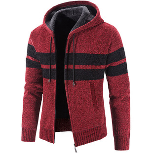 Autumn and Winter Men's Fleece-lined Thickened Fashionable Color Matching Cardigan Men's Casual Top Chenille Warm Knitted Sweater Jacket