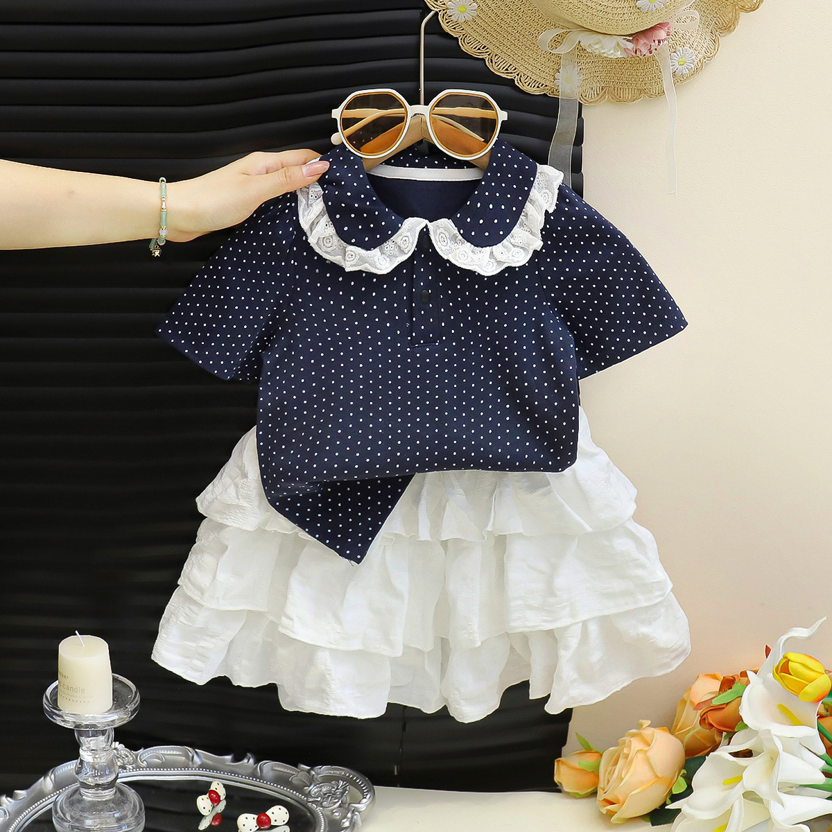 Niñas trajes de verano nuevo polo polo punto ondulado con solapa mangas cortas pastel vestido de niña ropa de bebé de verano ropa infantil