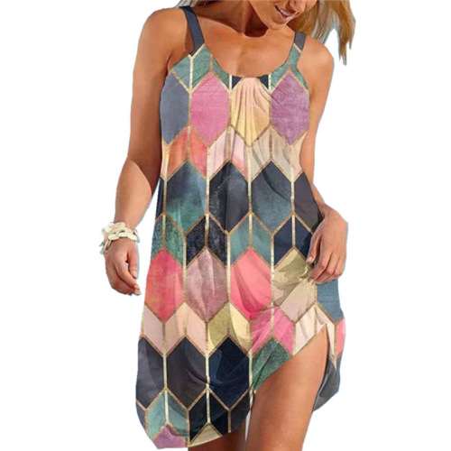Summer European and American Independent Website: Women's Beach Sundress with Straps and Printed Design