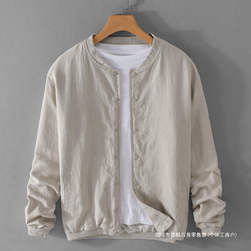 Linen Jacket for Men, Spring and Autumn Style, Japanese Retro Baseball Collar, Casual Cotton-Linen Loose Fit Youth Jacket