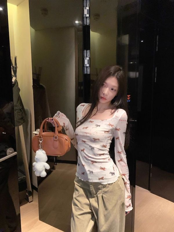【网纱面料】早秋设计感修身显瘦独特美式辣妹小狗印花长袖T恤女|undefined