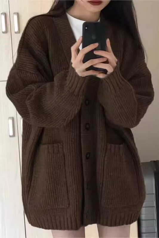 复古慵懒风V领100羊毛中长款毛衣开衫女宽松加厚大码针织上衣打底|undefined