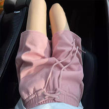 粉色运动短裤女夏季薄款小个子高腰阔腿裤休闲中裤抽绳美式五分裤