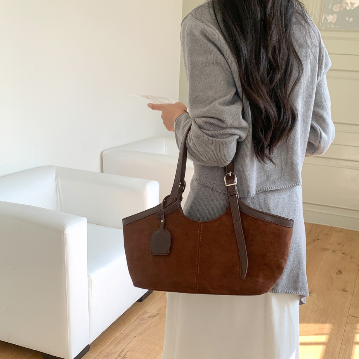 Autumn/Winter Suede PU Patchwork Creative Market Tote Bag Large Capacity New Commuter Shoulder Bag for Women - Thumbnail 2