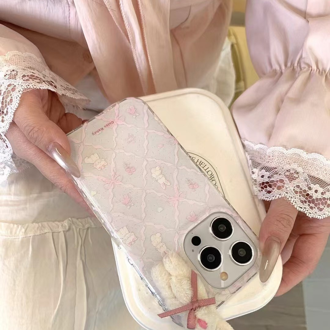 Lingge Bowknot Bunny para iPhone15/16 Flower Bunny 14pro lindo 16ProMax Girl Heart