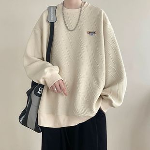 Texture Crewneck Sweatshirt Men's Autumn Hong Kong Flavor Chic High Street Trendy Brand Teenager Heavy Hoodless Inner Jacket