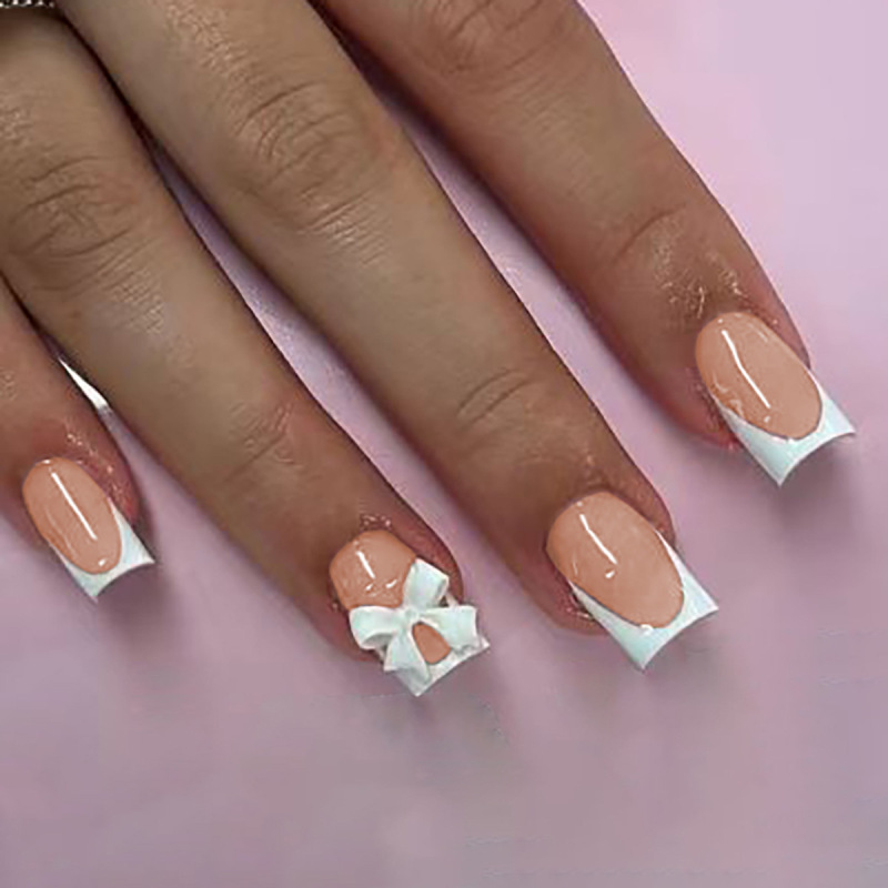 Cross-border Europe and the United States to wear a rectangular French simple bow fake nails removable nail nail pieces wholesale Cross-border Europe and the United States to wear a rectangular French simple bow fake nails removable nail nail pieces wholesale
