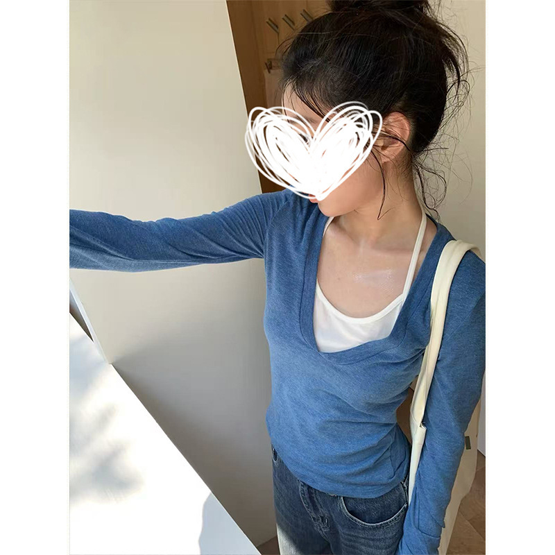 MosesQueen Korean Style Two-in-One Halter Neck V-Neck Slim Fit Thin Long Sleeve T-Shirt Top MosesQueen Korean Style Two-in-One Halter Neck V-Neck Slim Fit Thin Long Sleeve T-Shirt Top