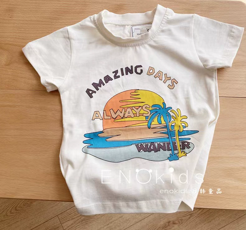 Children's Cotton Summer Cartoon T-Shirt, Oversize Short Sleeve, High Collar