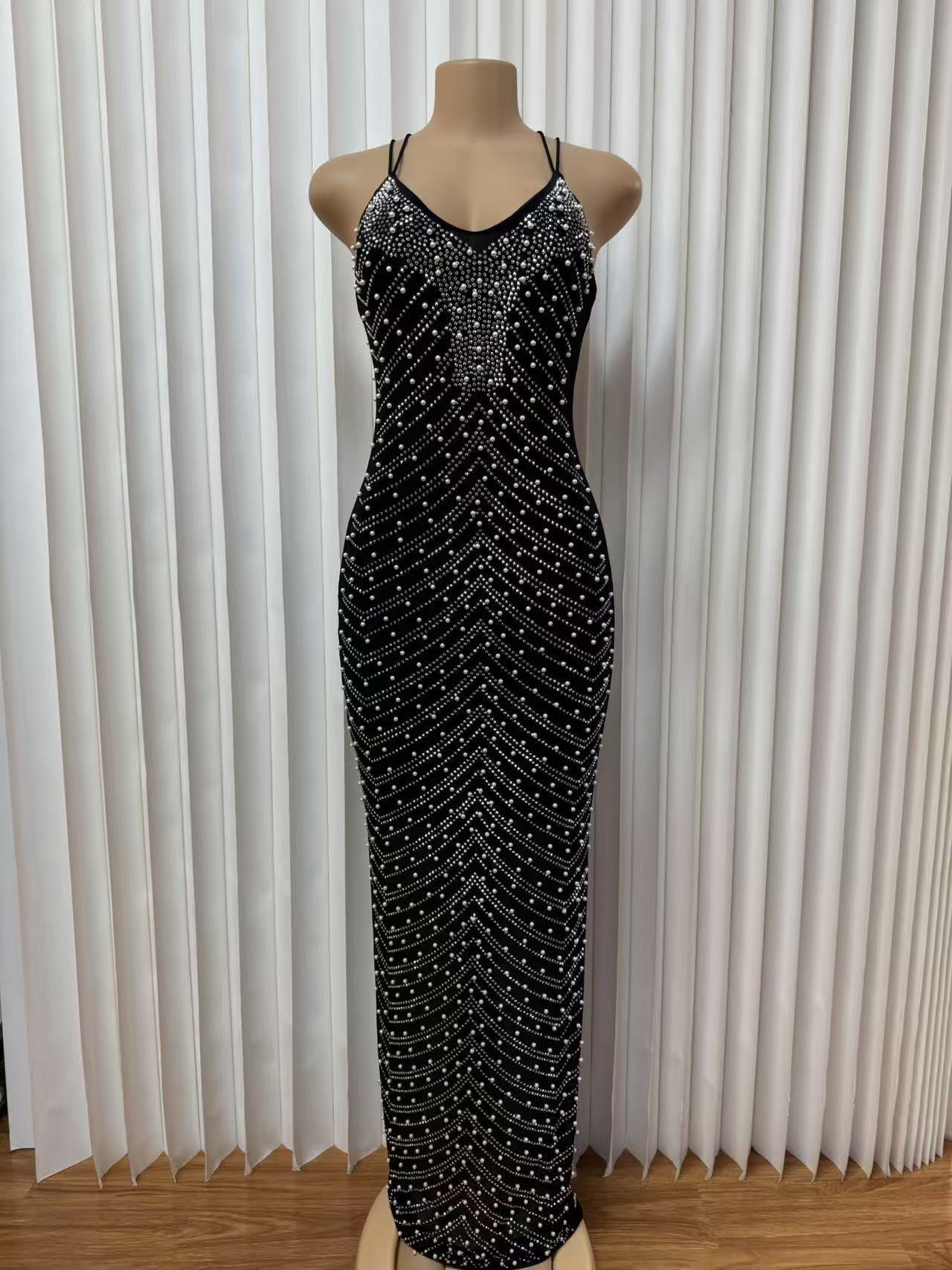 Elegant Backless Bodycon Midi Dress With Pearl Accents | Sexy Mesh & Rhinestone Strap Dress For Parties & Date Nights_ecoleips.com