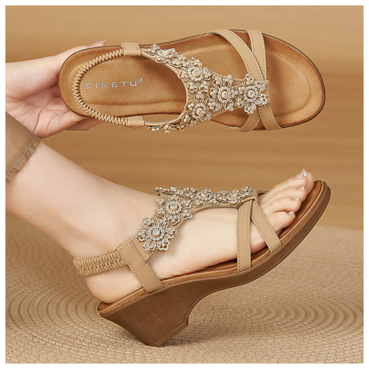 Sandal đế xuồng đính đá hoa nữ gót cao 9 cm — màu đen, trắng, quả mơ chi tiết 9