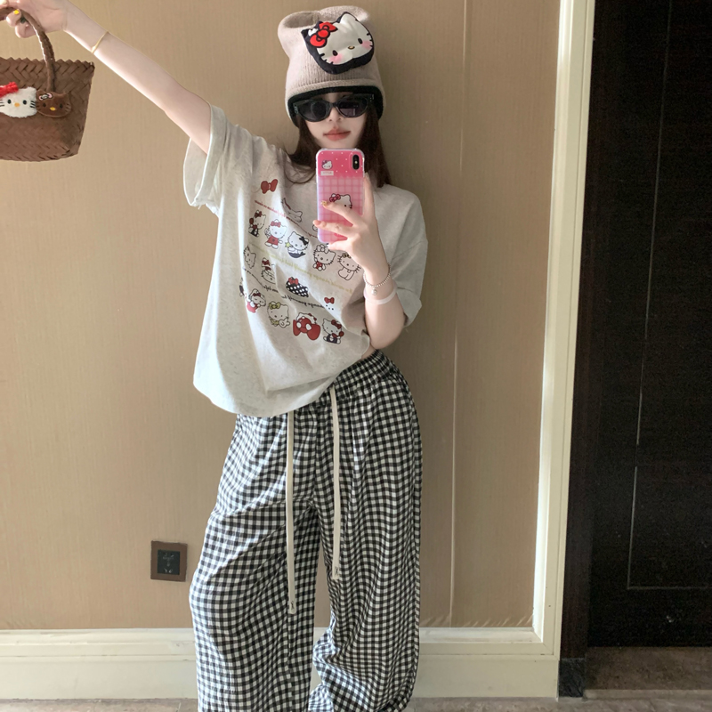 Cute Kt Cat Pajamas Women's 2025 New Summer Cotton Short-Sleeved Plaid Trousers Student Home Clothes Set