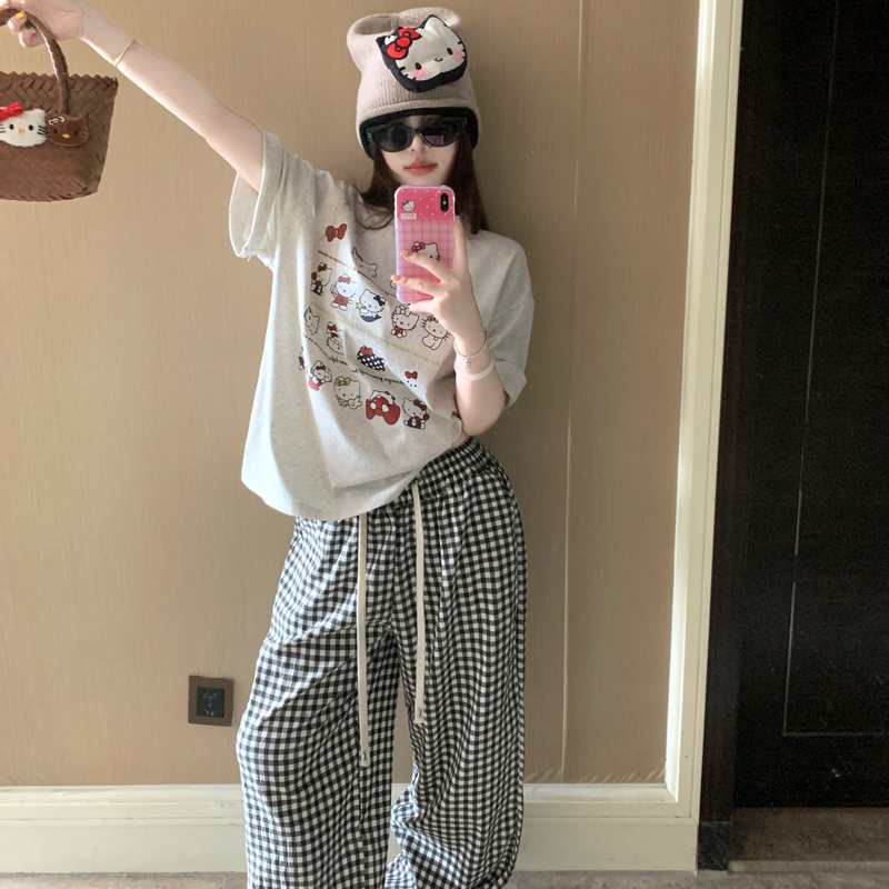 Cute Kt Cat Pajamas Women's 2025 New Summer Cotton Short-Sleeved Plaid Trousers Student Home Clothes Set