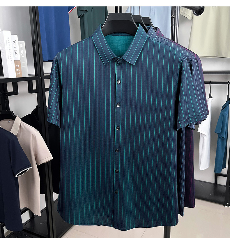 Áo sơ mi nam tay ngắn lụa tơ tằm cổ bẻ mát mẻ — Xanh xám 15565 chi tiết 17