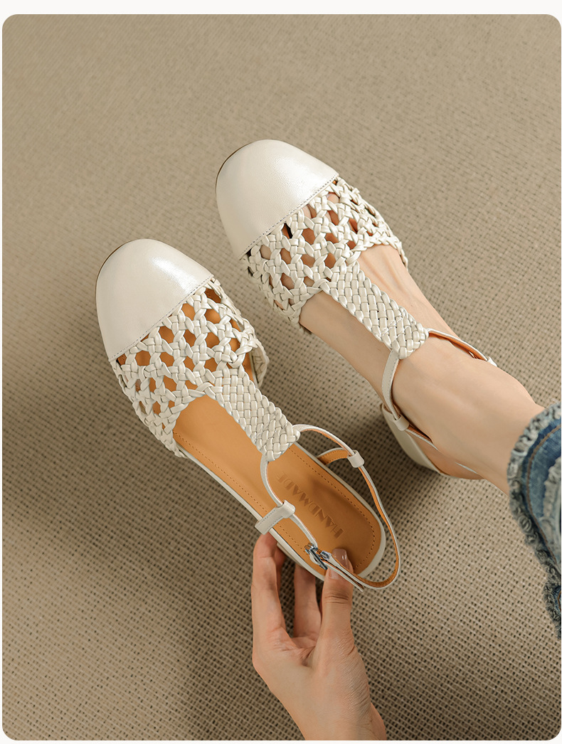 Sandal nữ quai ngang gót thô 5 cm, dây đan kiểu La Mã — màu nâu chi tiết 6