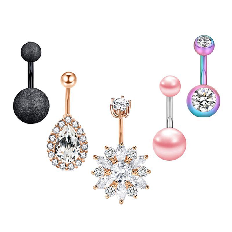 Stainless Steel Zircon Belly Ring Set - 5 Piece Navel Piercing Jewelry with Cactus Floral Design detail image 7
