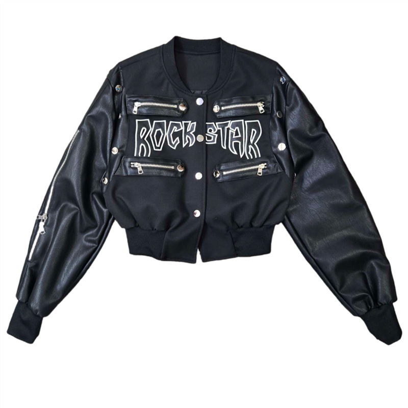 Chaqueta de Béisbol con Cuero para Mujer de Piel Sintética PU Cierre de Cremallera, Bordado