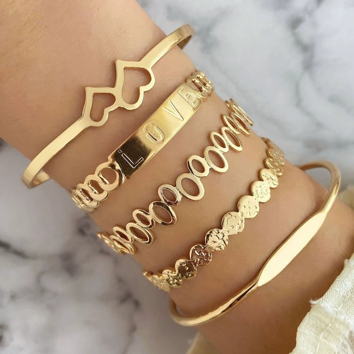 Bracelet Set European Style, 7-Piece Gold-Tone Stackable Cuffs, Mixed Patterns