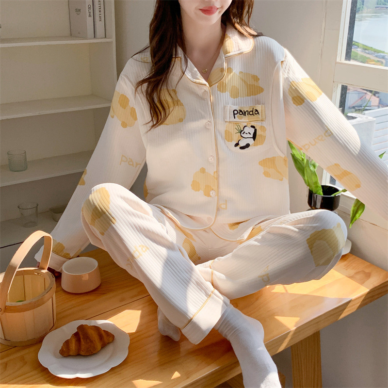 Pijama de otoño de manga larga de aire de algodón intercalado ropa de lactancia antes del embarazo ajustable set de ropa doméstica prenatal y postparto