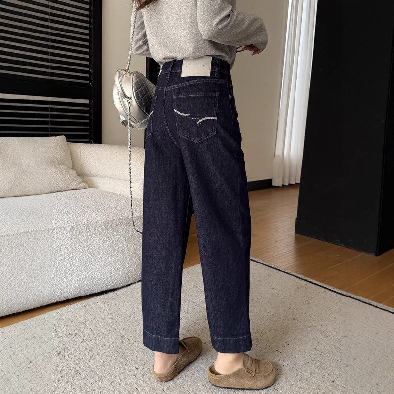 Straight-Leg Pants with a Great Fit~ Deep Blue Stretch Straight-Leg Jeans for Women, Spring High-Waisted Loose Cropped Cigarette Pants H022813