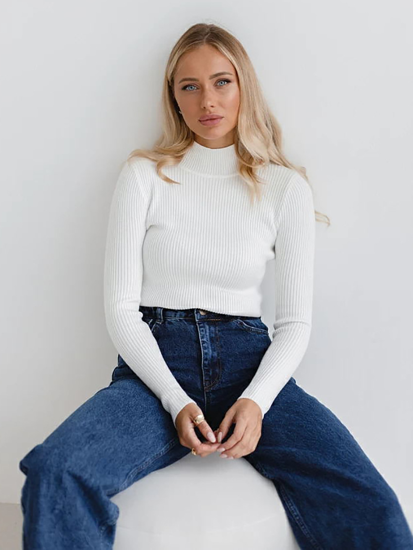 Suéter de Cuello Alto de Color Sólido, Estilo Europeo y Americano, Otoño-Invierno 2025, para Mujer (24 Colores), Ajustado, de Punto, Manga Larga