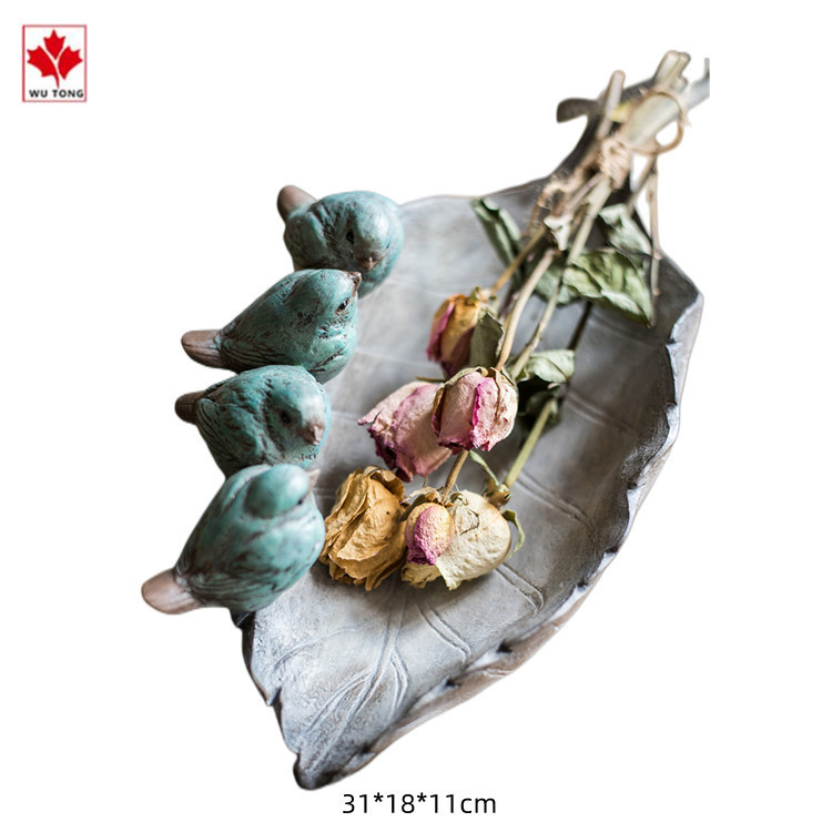 Creative Retro Bluebird Leaf Storage Plate Ornament Key Plate Bird Feeder Garden Decorative Bowl Resin Craft