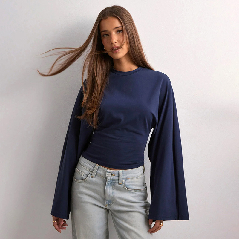 2025 European and American Women's Fashion Amazon New Solid Color Round Neck Regular Shoulder Wide Sleeve Waist-Cinching Sexy Long-Sleeve Top