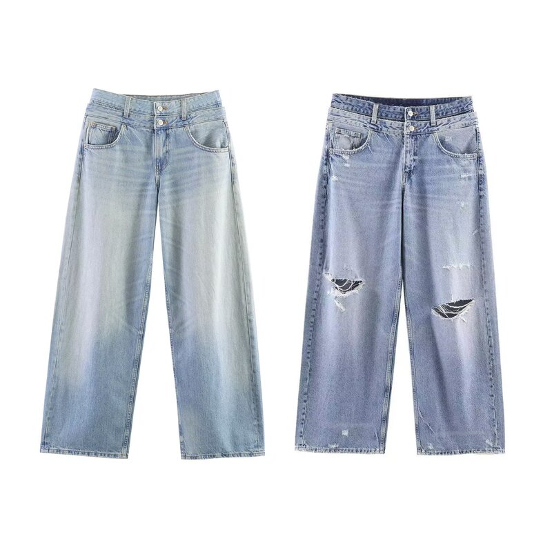 Pb&Za Women's Clothing 2026 Spring New Casual Trendy Double-Layer Waist Mid-Waist Straight-Leg Jeans 3607014