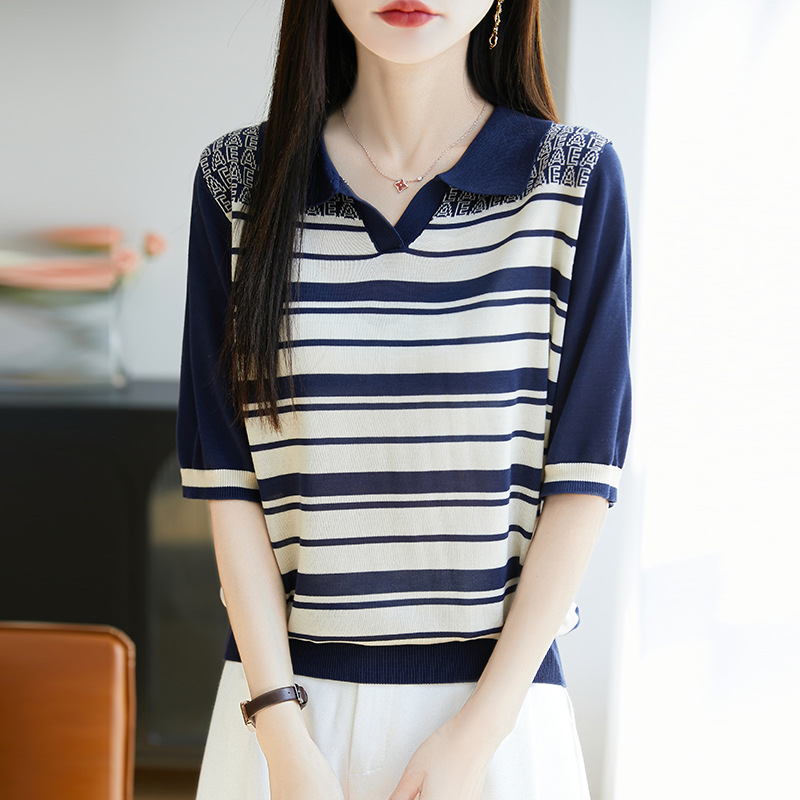 2025春夏新款圆领短袖女宽松显瘦百搭条纹针织衫上衣T恤打底衫
