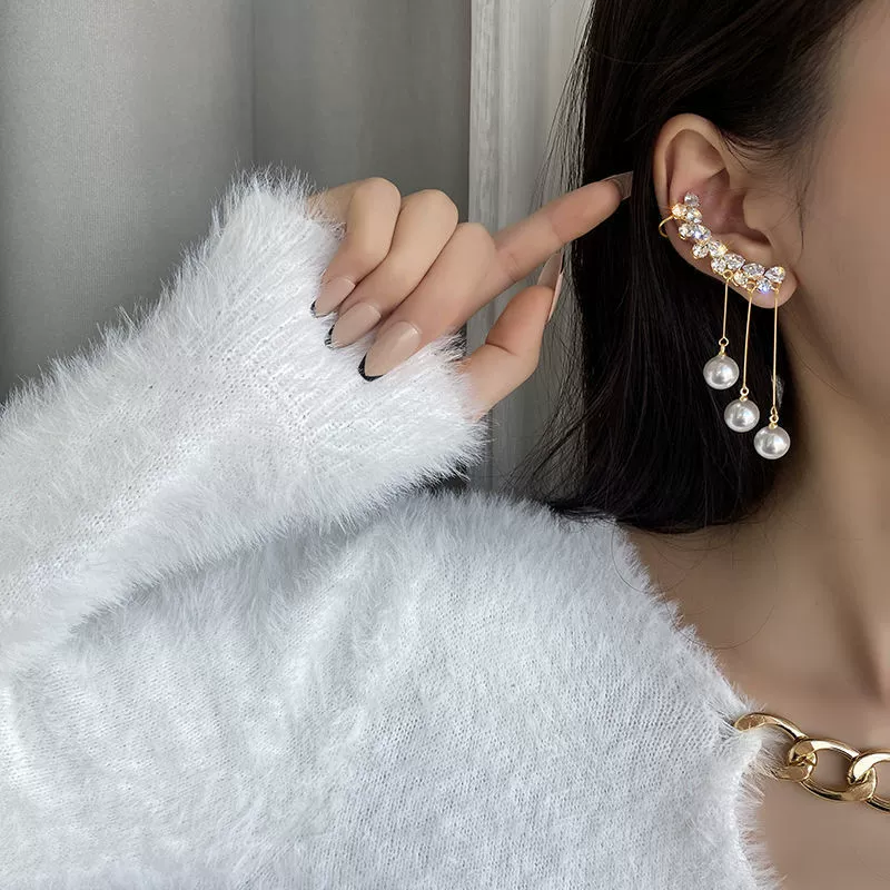 Серебряная игла, цирконий, серьги, длинные ушные зажимы с кисточками из жемчуга, серебро 925 образец, интернет-знаменитость, опт