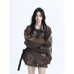 アメリカの街のレトロな機関車の服の黒い皮の服のコートの女性の春秋重ポンドのゆったりしているジャケットの上着