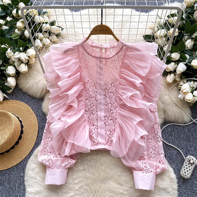 French Hollow Chiffon Splicing Long-Sleeved Shirt Early Autumn Korean Style High-Waisted Short Ruffled Stand-Up Collar Lace Shirt Trendy