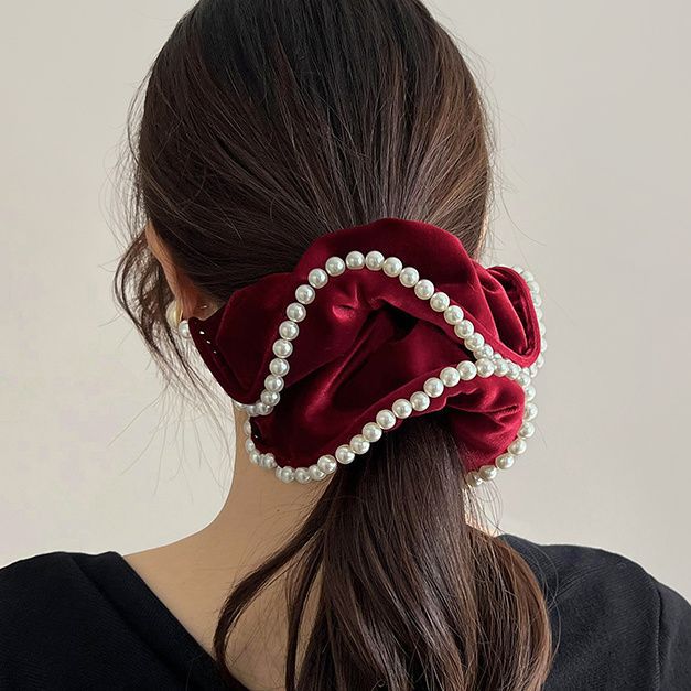 Velvet Pearl Tie Hair Accessory For Women High-end 2023 New Style Elegant French Retro Large Scrunchie Ponytail_voghion.com