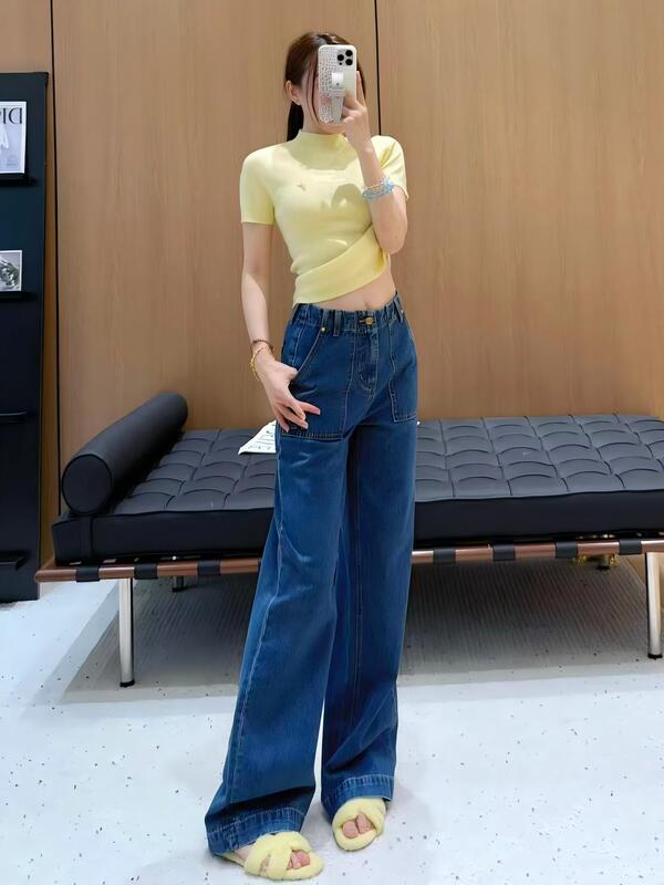 蓝色时尚百搭牛仔裤遮肉显腿长阔腿裤南油女通勤气质垂感直筒裤|undefined