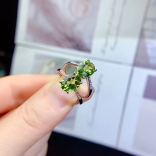 S925 Silver Inlaid Natural Olivine Ring Women's Green Gemstone Crystal Ring Main Stone Size 7*9 Simple