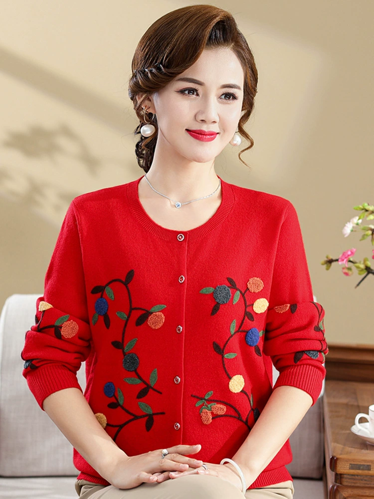 Mother Woolen Cardigan - Spring/Autumn Knit with Floral Embroidery, Sizes M-5XL, Camel/Red/Gray