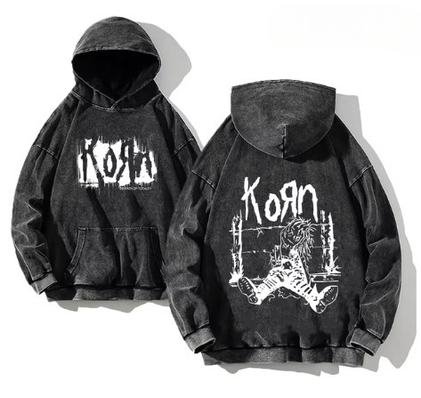 Korn Rock Band World Tour Hoodies Washed Vintage Duffed Cotton Hooded Sweatshirt