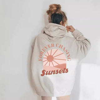 Forever Chasing Sunsets 落肩袖螺纹卫衣印花连帽衫上衣现货批发