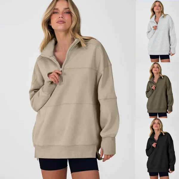 2026 European and American cross-border women's clothing autumn and winter new style stand-up collar half-zip loose soft solid color side slit casual sweatshirt