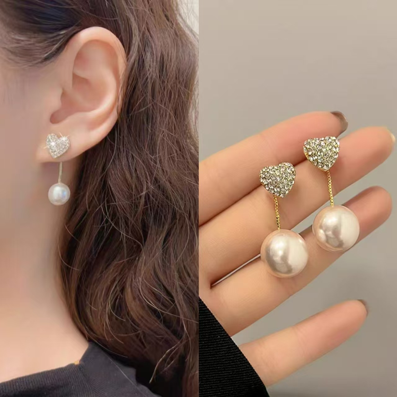 Xiaoxiangfeng Pendientes de perlas de dos prendas Pendientes de alta calidad de temperamento de moda Pendientes de amor Pendientes de borla Accesorios