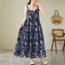 现货实拍2025新款宽松大码棉麻连衣长裙胖印花吊带裙女