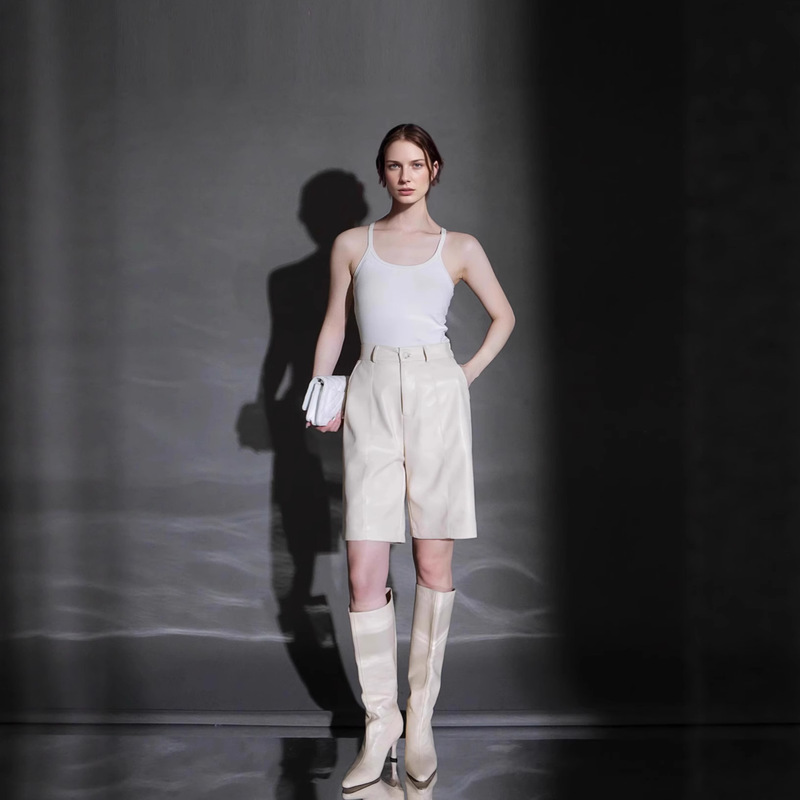 Handsome Short Straight Leather Pants Explosive Sheepskin Soft Shorts Slimming All-match Commuter High Waist Slimming Pants