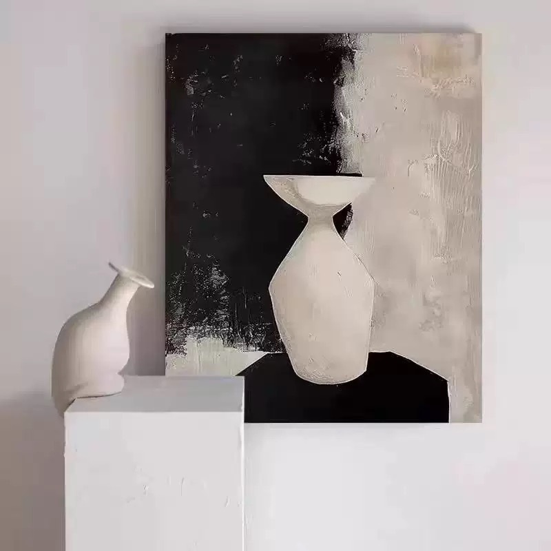 纯手绘黑白极简抽象装饰画侘寂风现代轻奢客厅玄关挂画肌理画|undefined